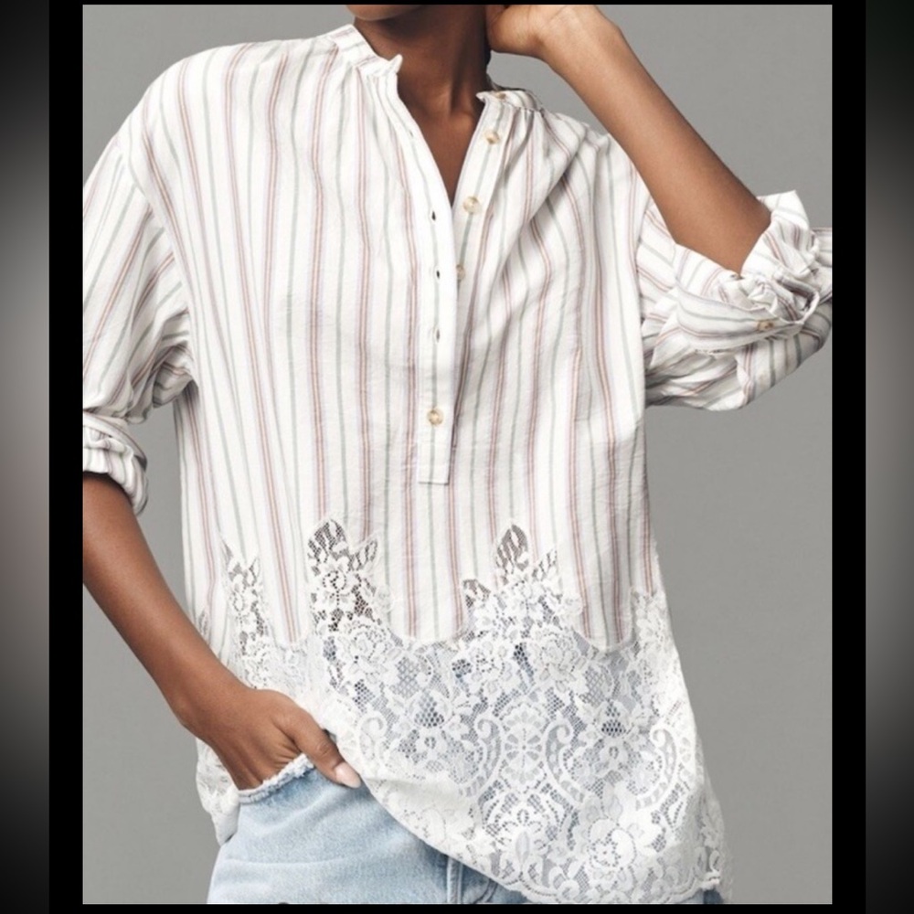 PILCRO Anthropologie Lacy Tunic Top Popover Striped Collar Cotton Bohemian Large